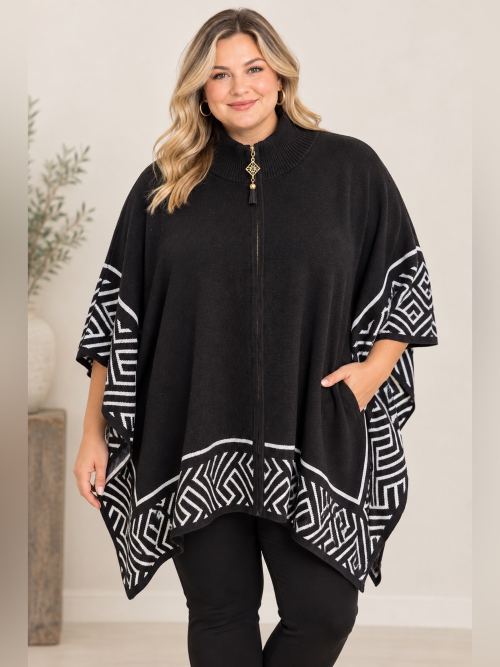 Anne Klein Black Geometric Zip-Front Women's Sweater Full Zipper Size 2X